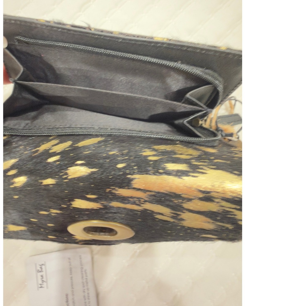 Myra Bag Cowhide Wallet Black Gold Metallic Hair On Hide RFID Trifold Turn Lock - Picture 7 of 9
